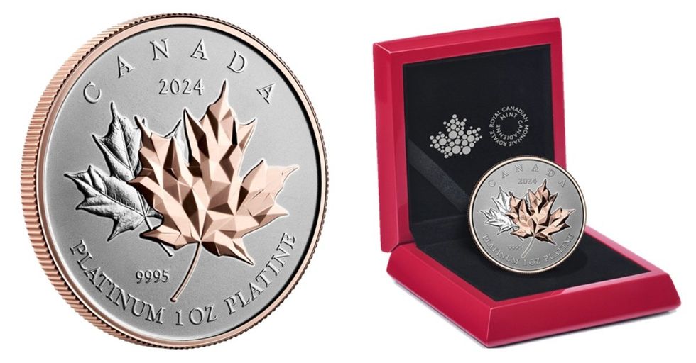 The new "Maple Leaf Forever" coin featuring two maple leaves on the reverse and an effigy of Queen Elizabeth II on the coin's obverse. Right: A new Canadian coin encapsulated and presented in a Royal Canadian Mint-branded, red lacquered wooden case with a black beauty box.