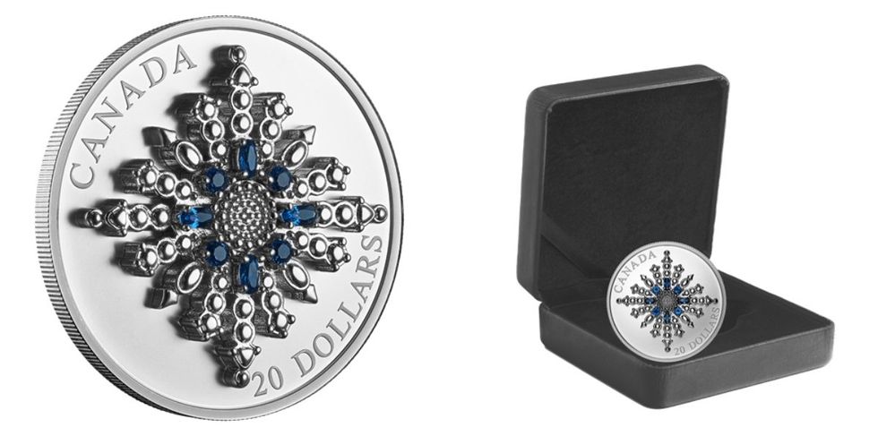 The new Sapphire Jubilee Snowflake Brooch $20 Canadian coin.