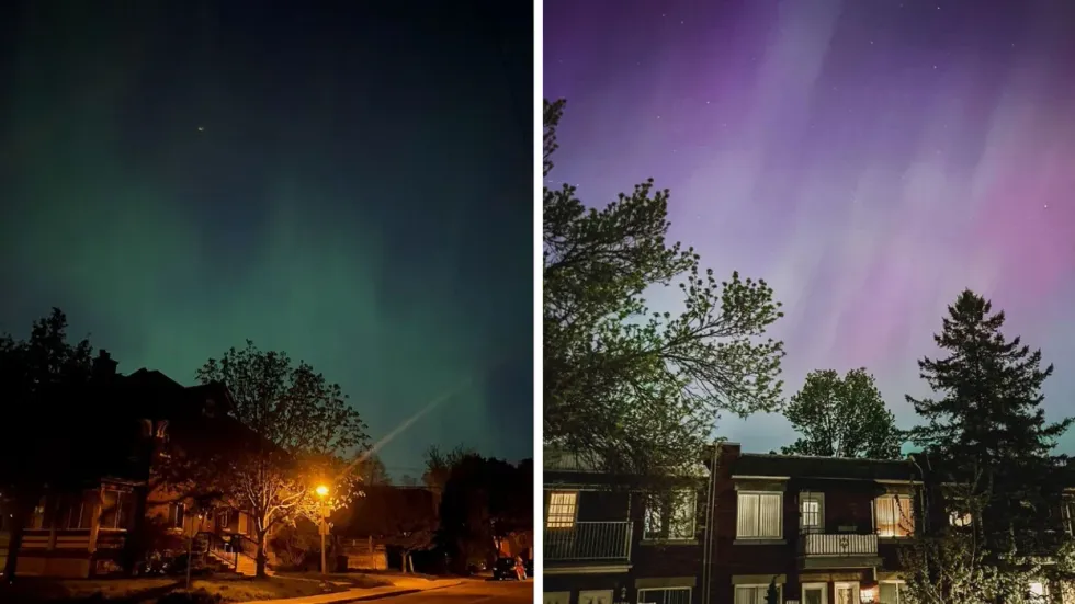 The northern lights turn the sky above a house and trees shades of blue and green. Right: Aurora borealis turn the sky above a house and trees shades of pink and purple.