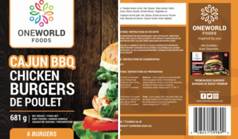 The One World Foods brand Cajun BBQ Chicken Burgers package with an example burger on the front and nutritional facts on the back.