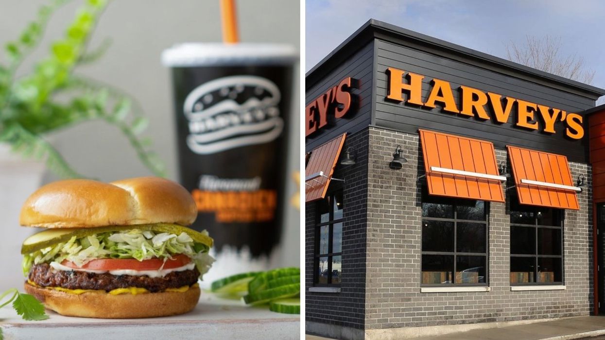 The Original burger from Harveys. Right: The exterior of a Harveys restaurants.