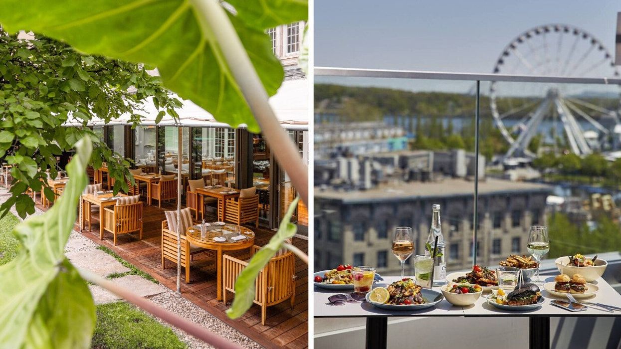 The outdoor area of Maison Boulud. Right: Hotel William Gray's rooftop patio