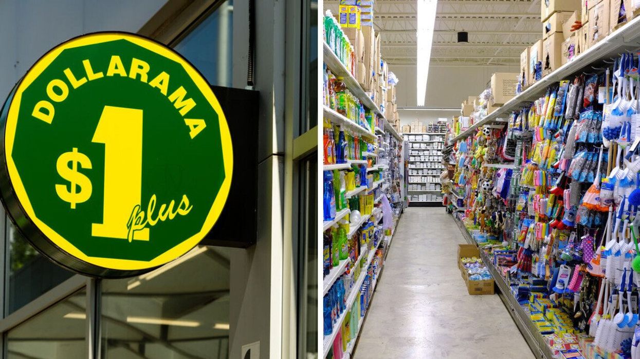 The outside of a Dollarama store. Right: The inside of a Dollarama store.