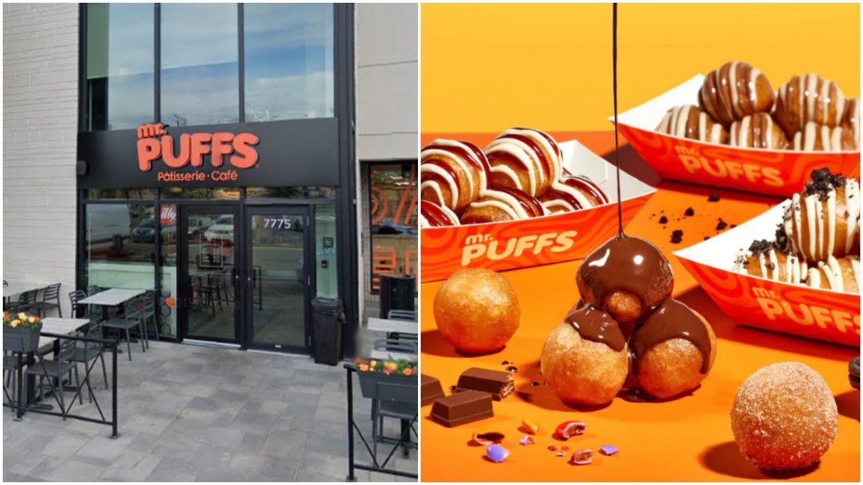 The outside of a Mr. Puffs location. Right: A variety of Mr. Puffs desserts.