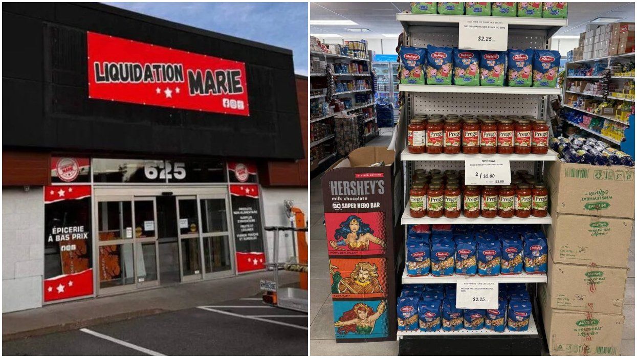 The outside of a Quebec grocery store. Right: Grocery shelves stocked with pasta.