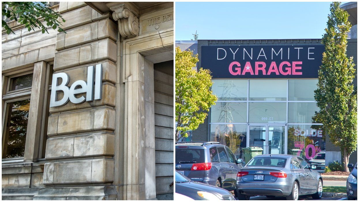The outside of Bell Canada office in Montreal. Right: A Dynamite/Garage store.