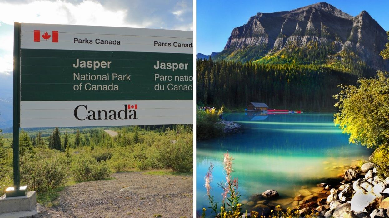 The Parks Canada sign for Jasper National Park of Canada. Right: A view of Banff National Park with crystal clear waters and mountains in the background.