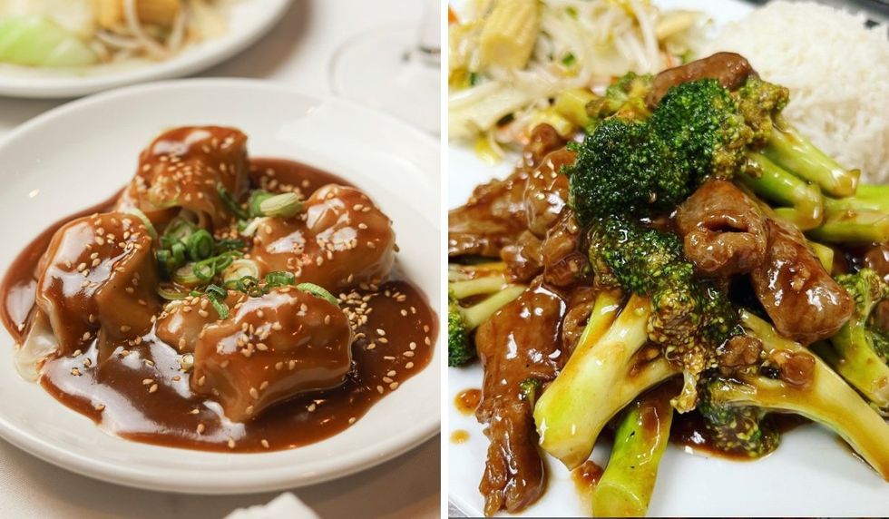 The peanut butter dumplings and beef and broccoli dishes served at Restaurant Shekz in Montreal, Quebec.