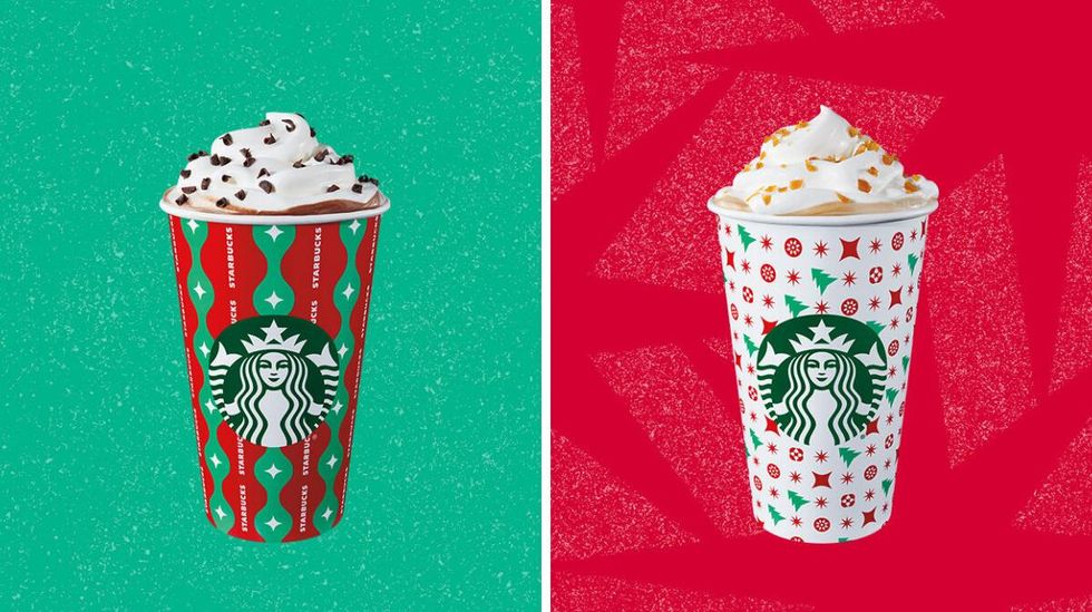 The Peppermint Mocha. Right, Caramel Brul\u00e9e Latte.