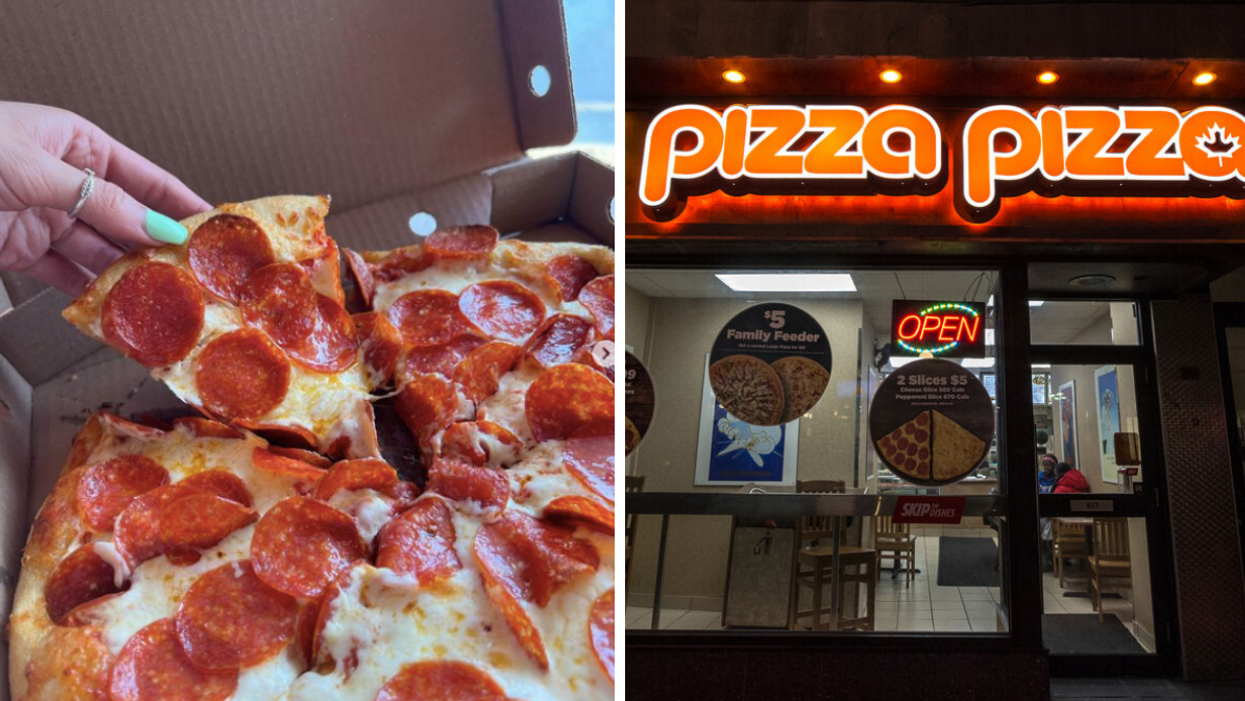 The pepperoni pizza from Pizza Pizza. Right: A Pizza Pizza store in Canada.