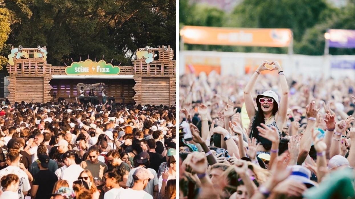 The Piknic Électronik main stage. Right: A person holding up a heart sign at Piknic Électronik.