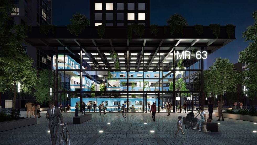 The planned exterior of the MR-63 building in Griffintown, with STM cars encased in a larger frame.