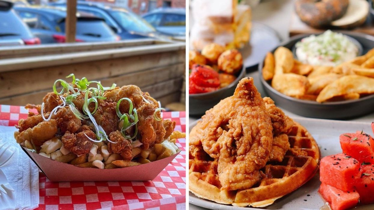 The popcorn chicken poutine from Roch le Coq in Montreal. Right: The chicken and waffles from Evalina's in Montreal.