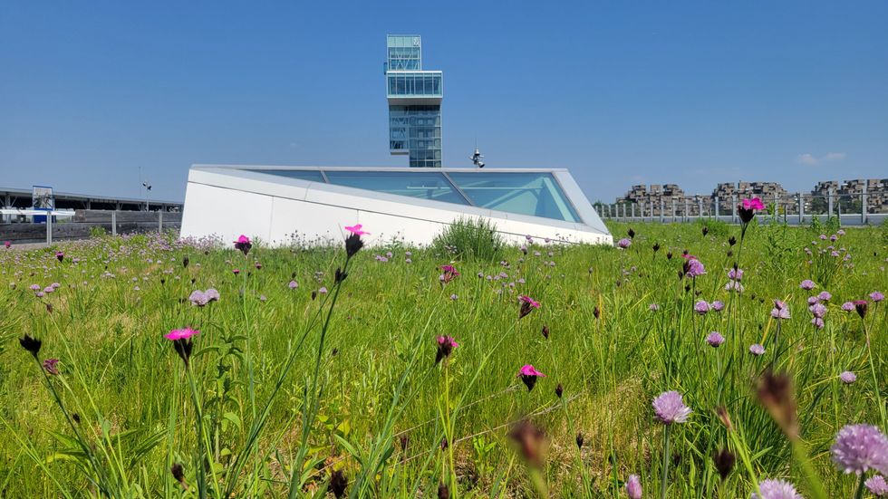The Port of Montreal Observation Tower from a nearby walkway.