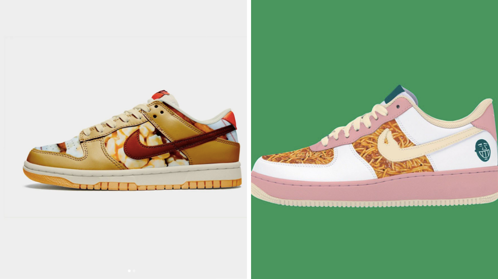 The "poutine dunk" by Tastet.ca. Right: The spaghetti and meatball shoe by Stefano Faita.