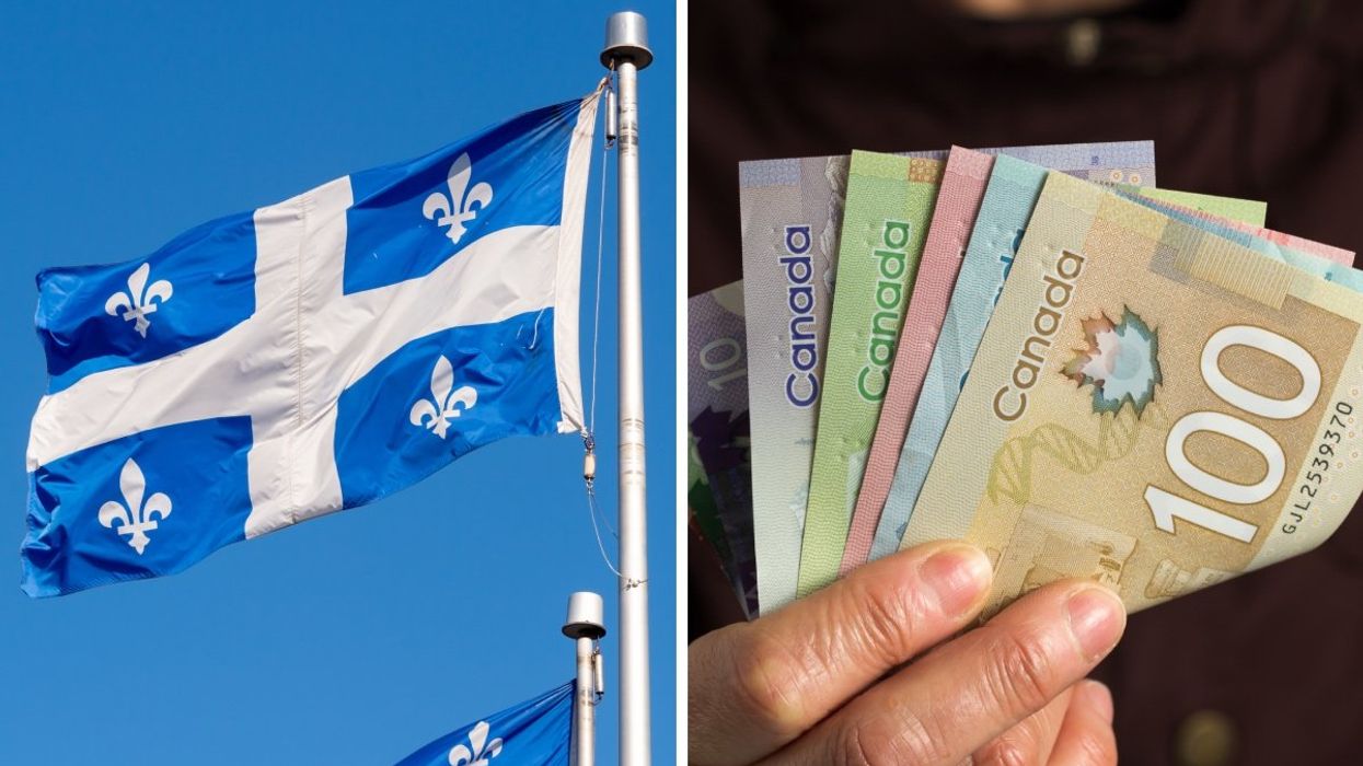The Quebec flag flying. Right: A person holding a number of Canadian banknotes.