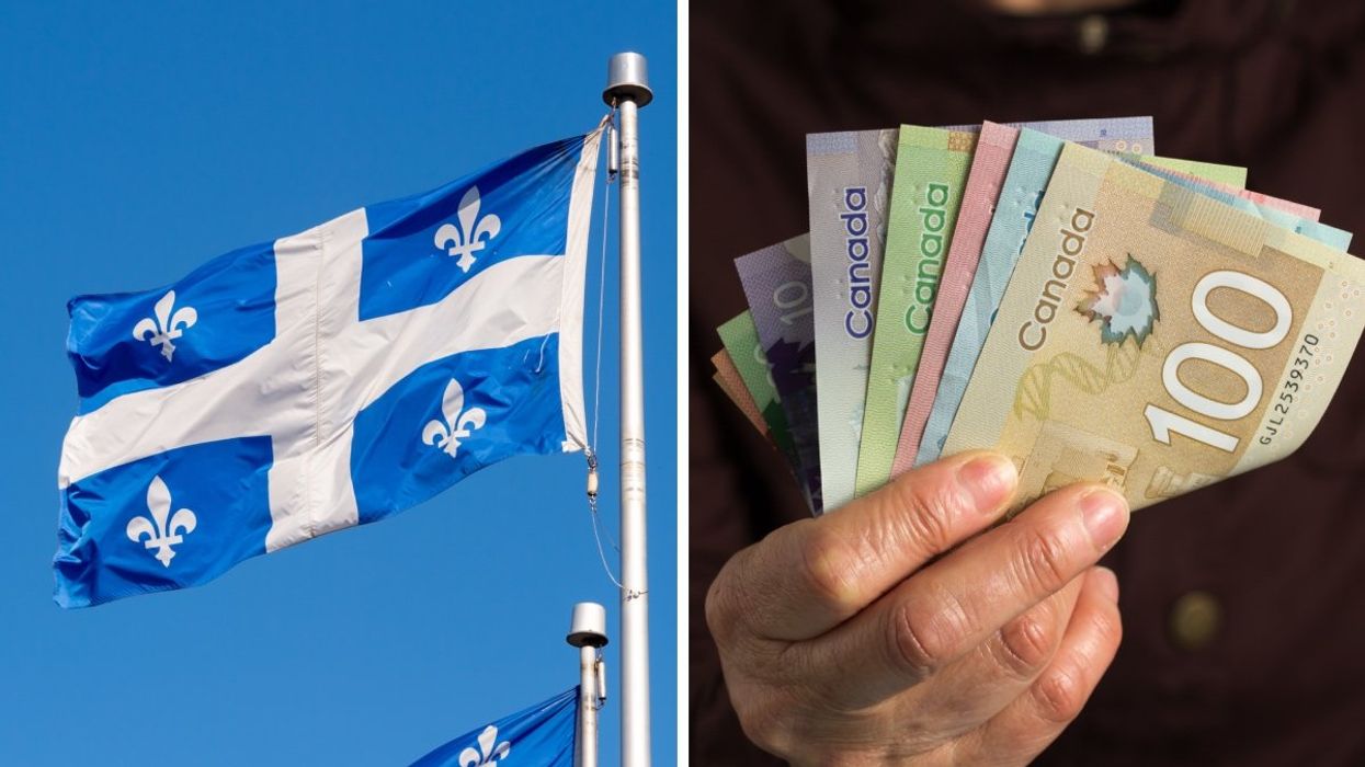 The Quebec flag flying with a blue sky backdrop. Right: A person holding Canadian banknotes including a $100, $50, $20, $10 and $5 bills.