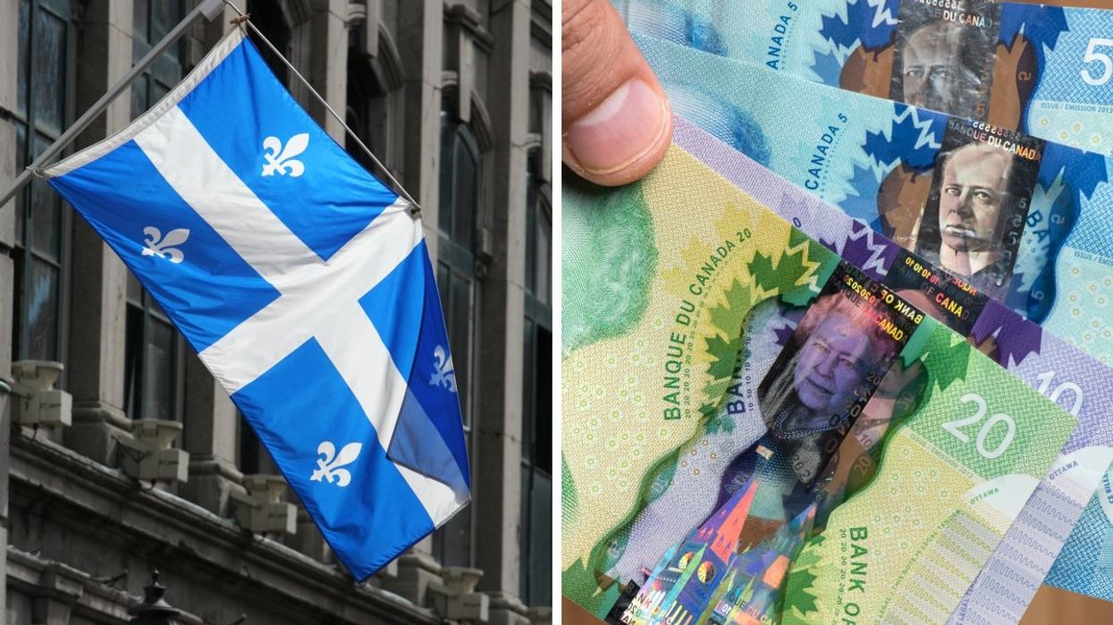 The Quebec flag hanging from a Montreal building. Right: A person holding various Canadian banknotes.