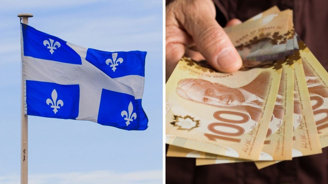 The Quebec flag waving. Right: A person golding four Canadian $100 bills.