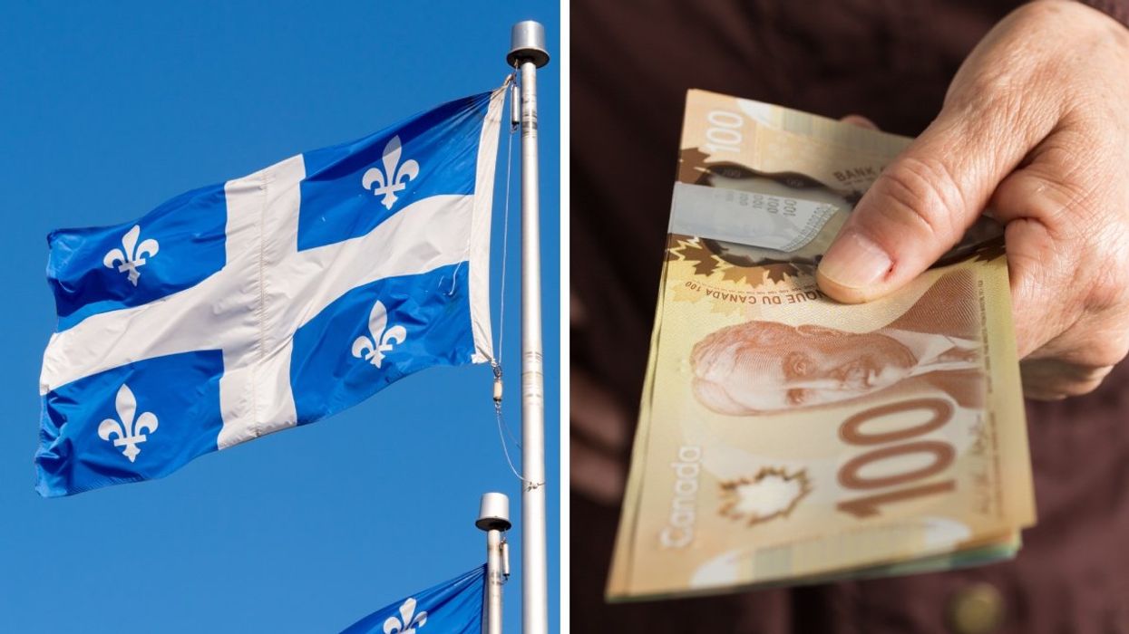 The Quebec flag waving. Right: A person holding a stack of Canadian money.