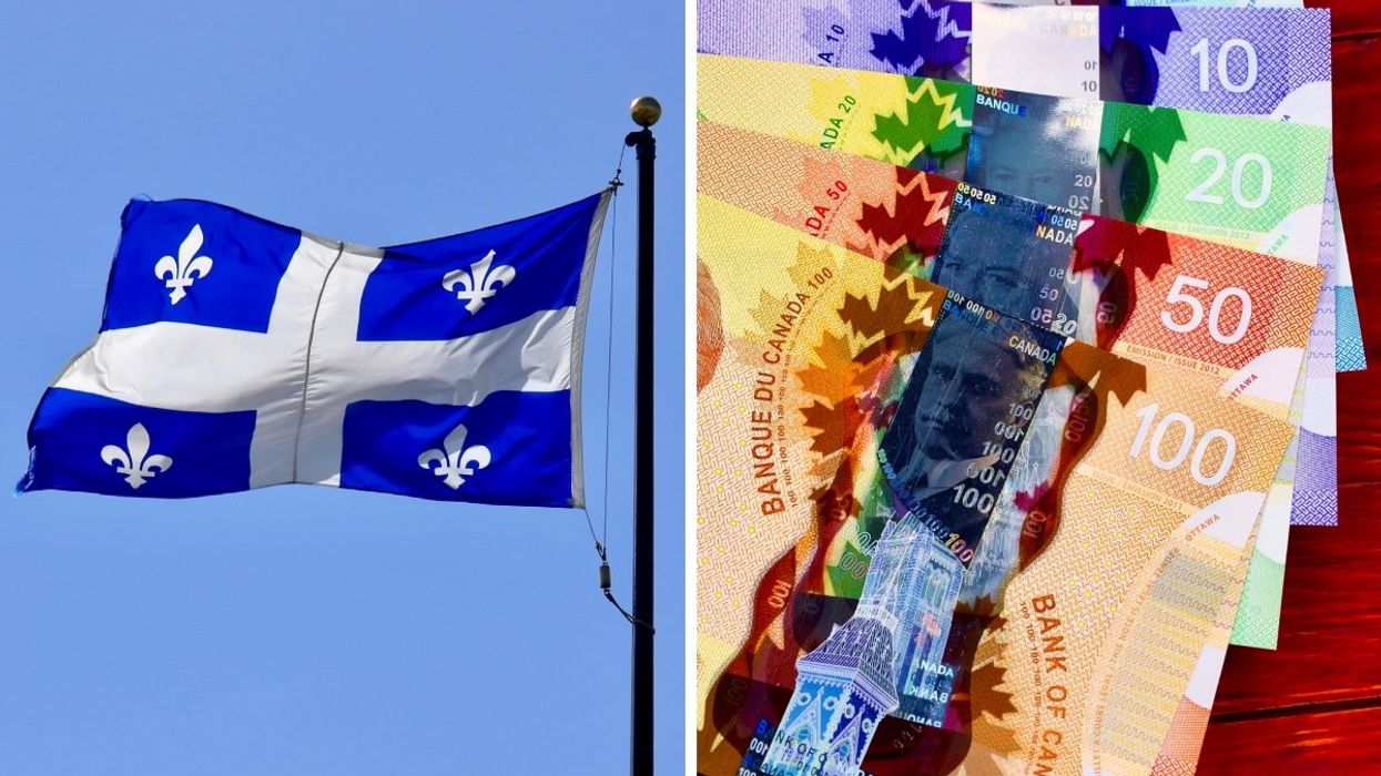 The Quebec flag waving with a blue sky backdrop. Right: Several Canadian banknotes including a $100, $50, $20 and $10 bill.