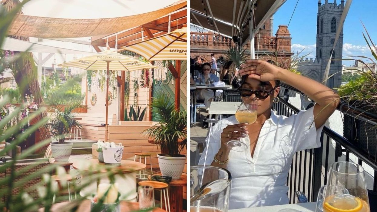 The rooftop terrasse at Terrasse Ciel Rose, Right: A person drinking sangria at Terrasse Place D'Armes.