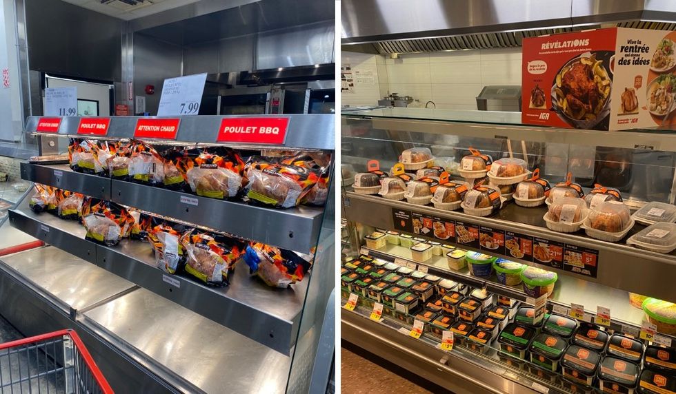 The rotisserie chicken section of the Costco and IGA grocery stores in Quebec.