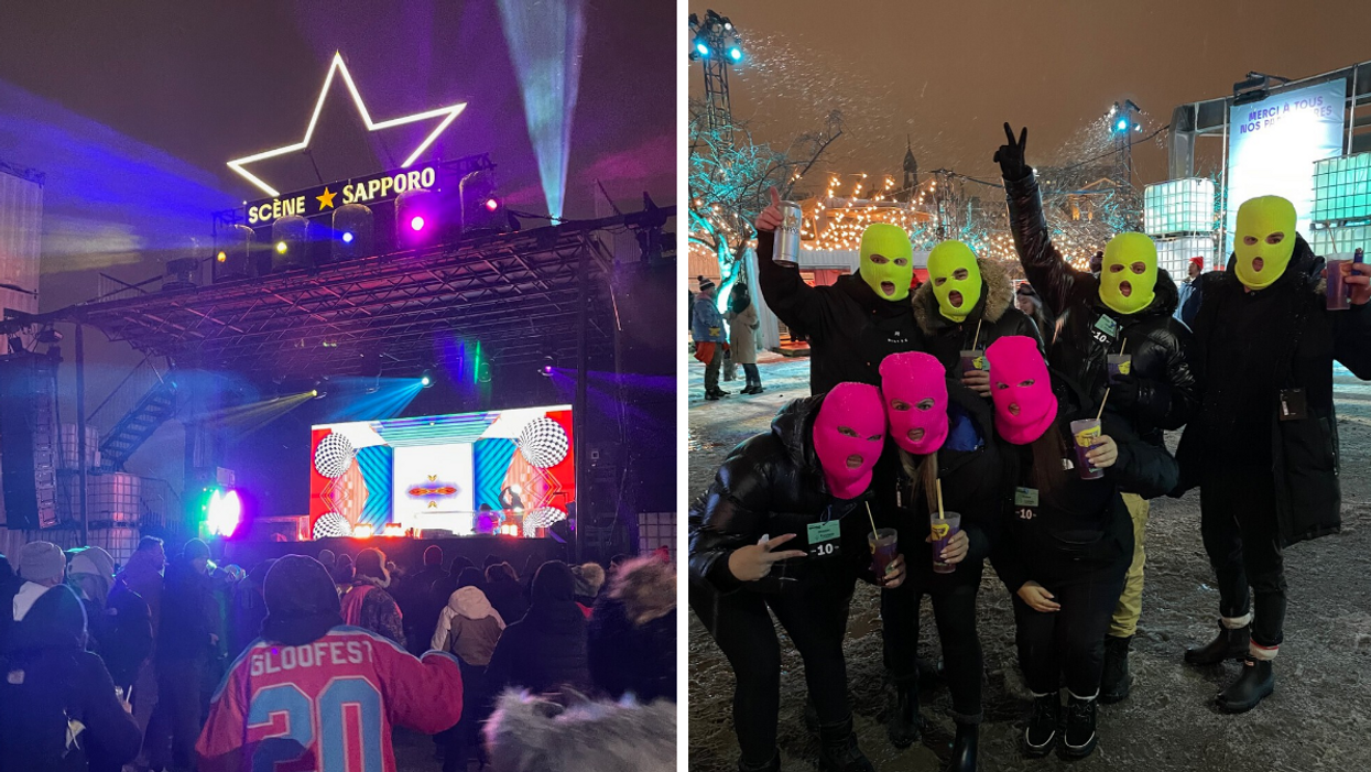The Sapporo scene at Igloofest 2023. Right: a group of friends wearing matching balaclavas at Igloofest 2023.