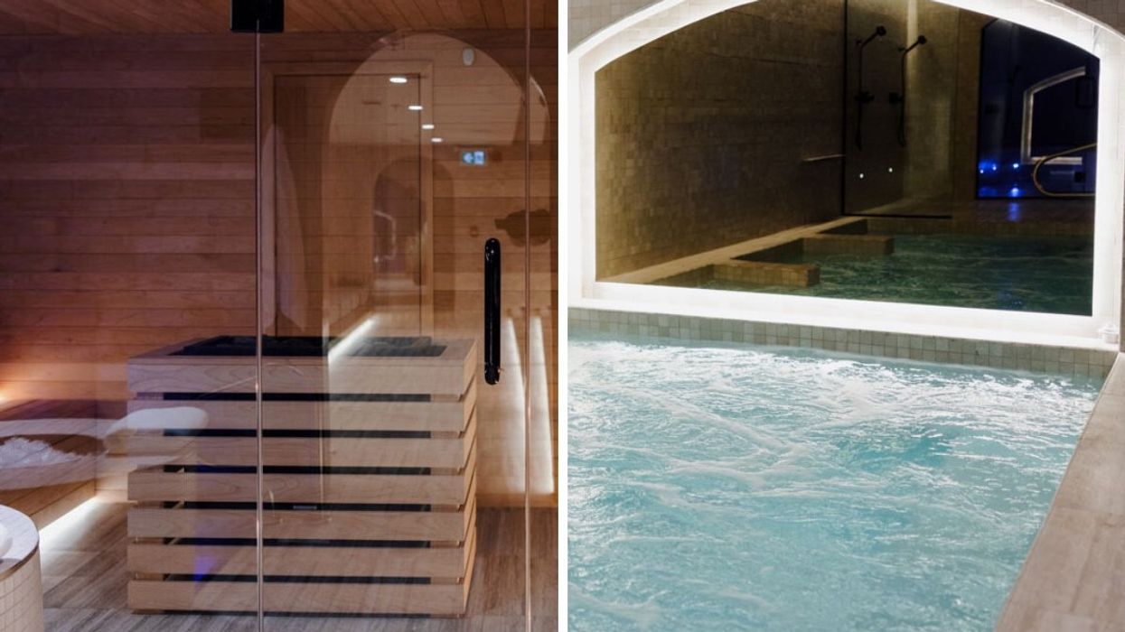 The sauna and hot tub pools inside of Spa Carré Saint-Louis in Montreal, Quebec.