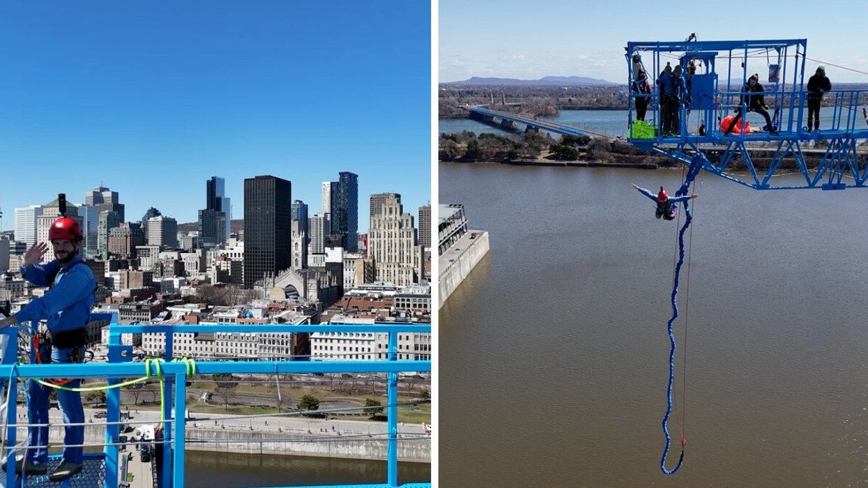 The scenic city view from the top of Montreal Bungee. Right: Drone shot of Al Sciola doing a bungee jump.