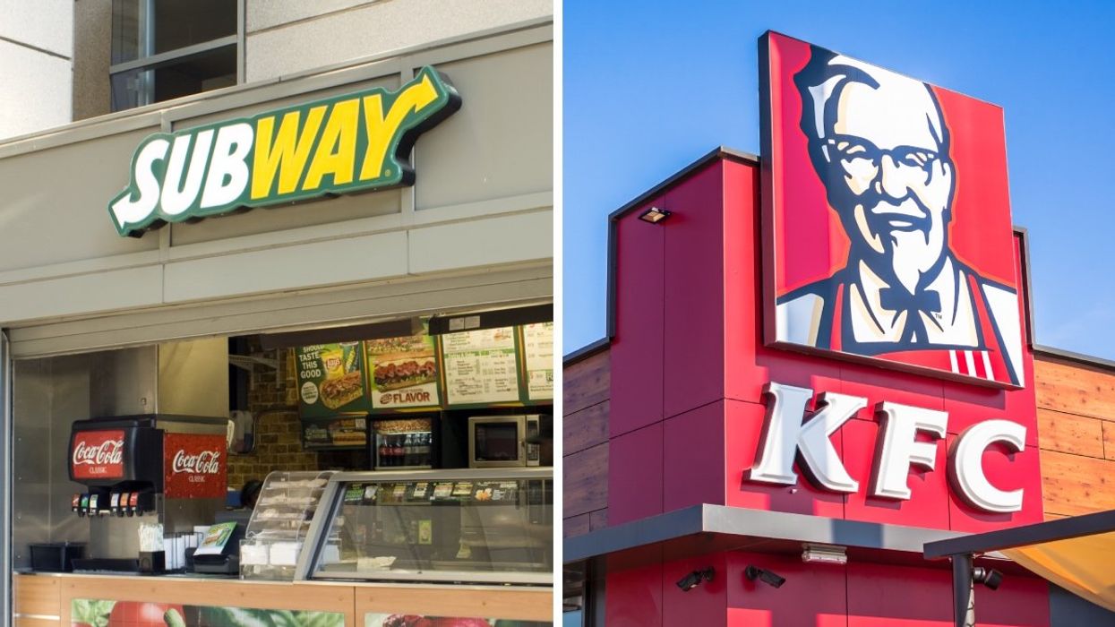 The serving counter at a Subway sandwich restaurant. Right: The exterior sign and logo of a KFC restaurant.