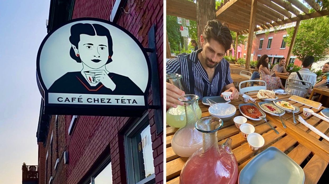The sign outside of Café Chez Teta in Montreal, Quebec, Right: A person drinking flavoured arak cocktails at Café Chez Teta in Montreal, Quebec.