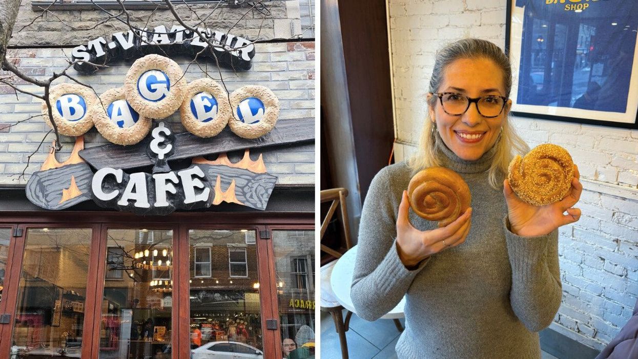 The sign outside St-Viateur Bagel and Café on Mont-Royal. Right: Sofia holds up a plain and a sesame Philadelphia Bagel Whole.