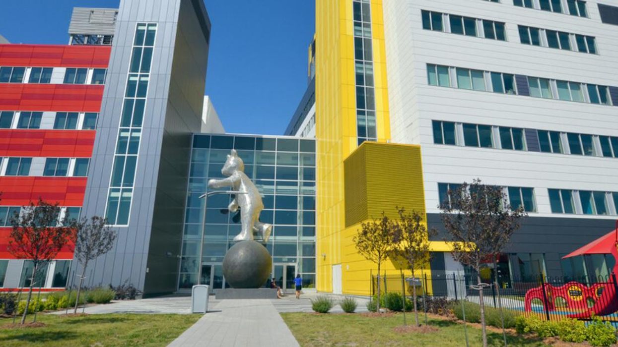 The silver bear statue outside the Montreal Children's Hospital.