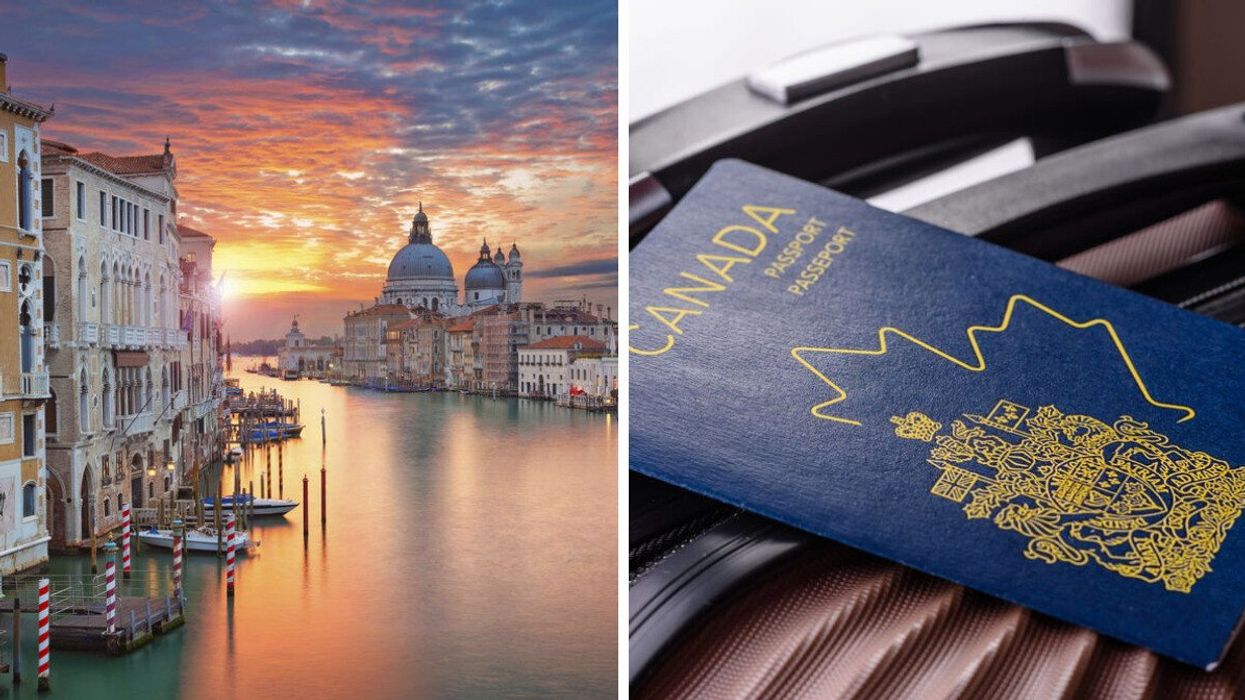 The skyline of Venice. Right: A Canadian passport on a suitcase.
