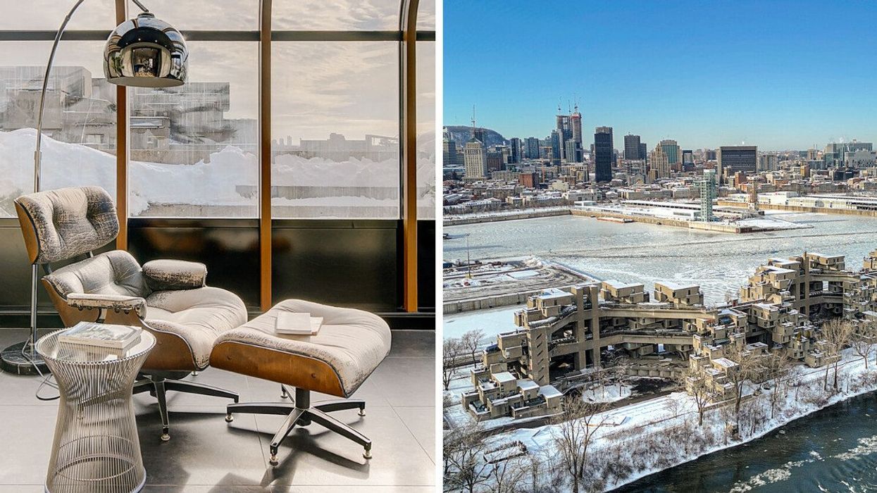 The solarium in a Habitat 67 condo for sale. Right: An aerial view of Habitat 67 with the Montreal Old Port and downtown skyline in the background.