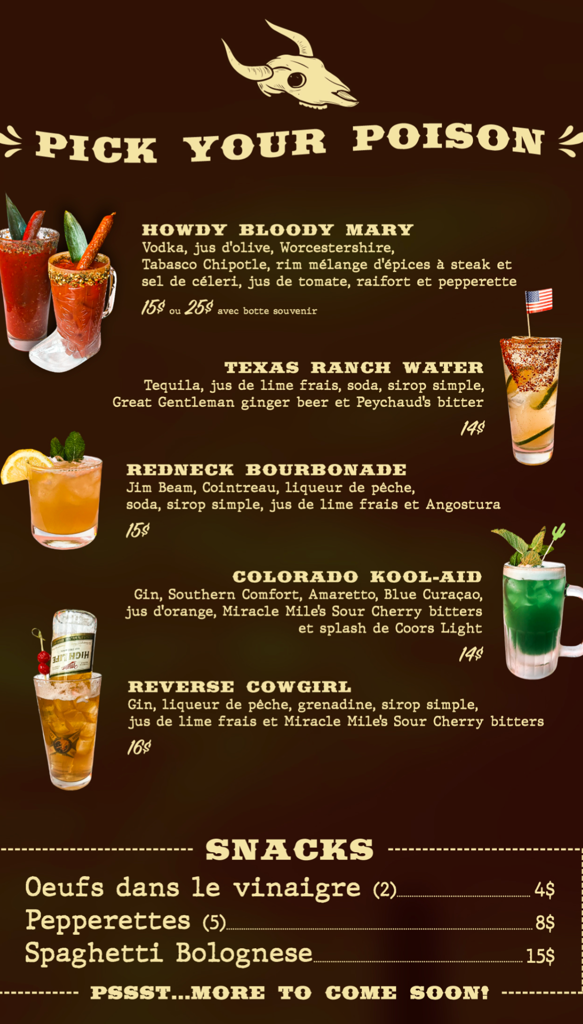 The Spaghetti Western menu, featuring specialty cocktails and actual spaghetti.
