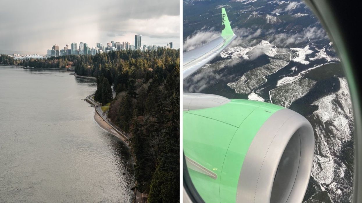 The Stanley Park seawall located in Vancouver, Canada, Right: A Flair plane flying over the Rockies.