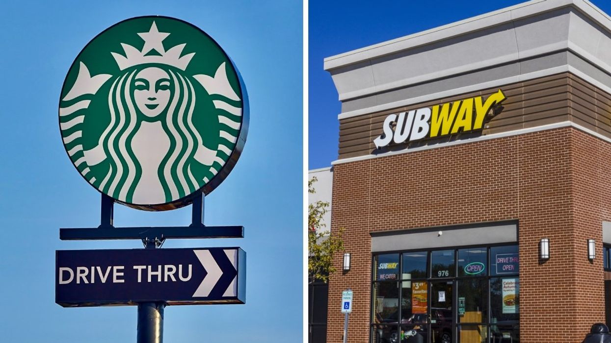 The Starbucks Coffee logo featuring the iconic mermaid and 'drive-thru' symbol below. Right: The exterior of a Subway sandwich shop with the restaurant logo and sign above the entrance door.