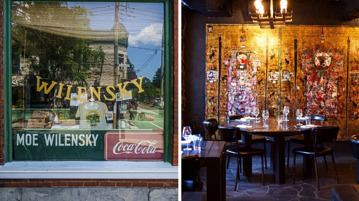 The storefront of Wilensky's, a historic deli in Montreal, with vintage signage and a Coca-Cola logo. Right: The dining room of L'Auberge Saint-Gabriel, with an artistic and rustic interior.