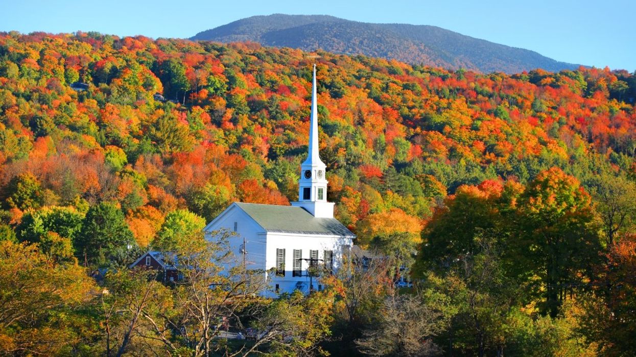The Stowe village church in Vermont during the fall.