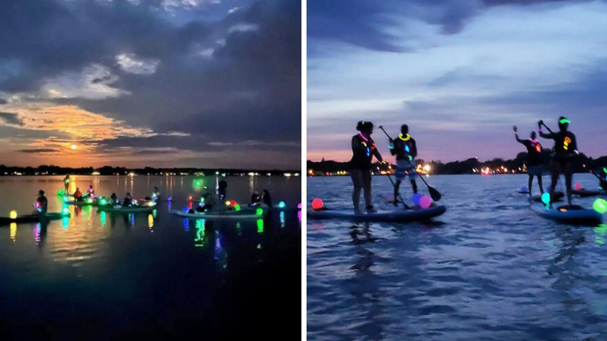 The sun goes down over people on glowing paddle boards. Right: Paddleboarders wear glowstick necklaces and bracelets out on the water.