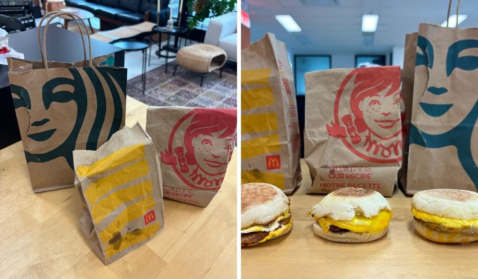 The takeaway bags from Starbucks, McDonald's and Wendy's. Right: The sausage, egg and cheese breakfast sandwich from McDonald's, Wendy's and Starbucks. \u200b