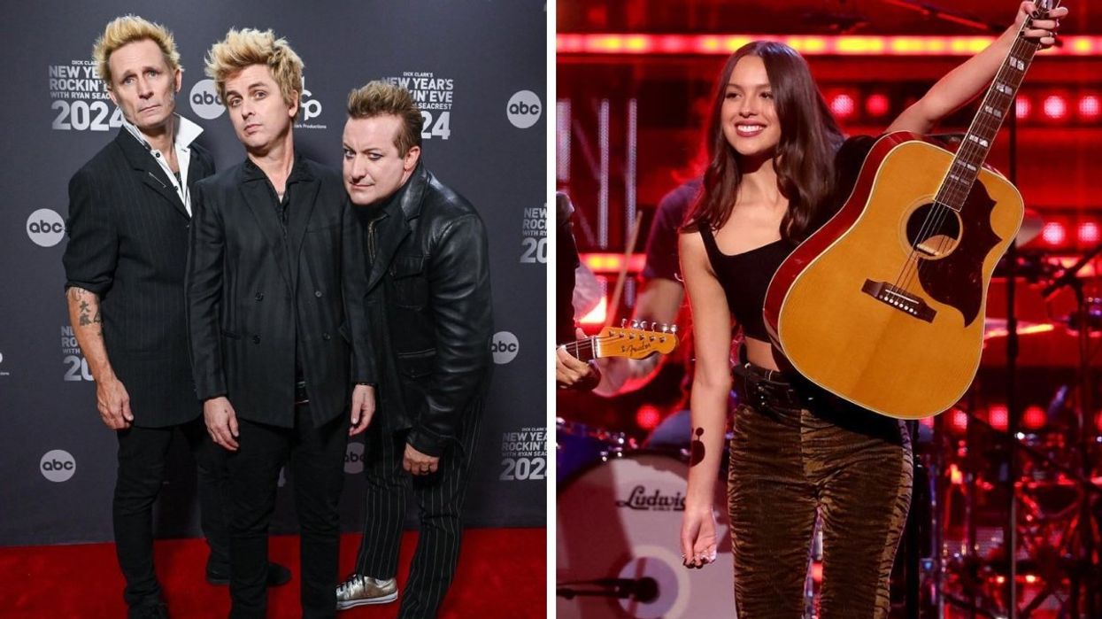 The three members of Green Day posing together on a red carpet. Right: Olivia Rodrigo performing on stage with a guitar.
