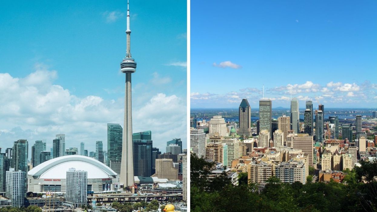 The Toronto skyline during the summer, Right: The Montreal skyline during the summer.