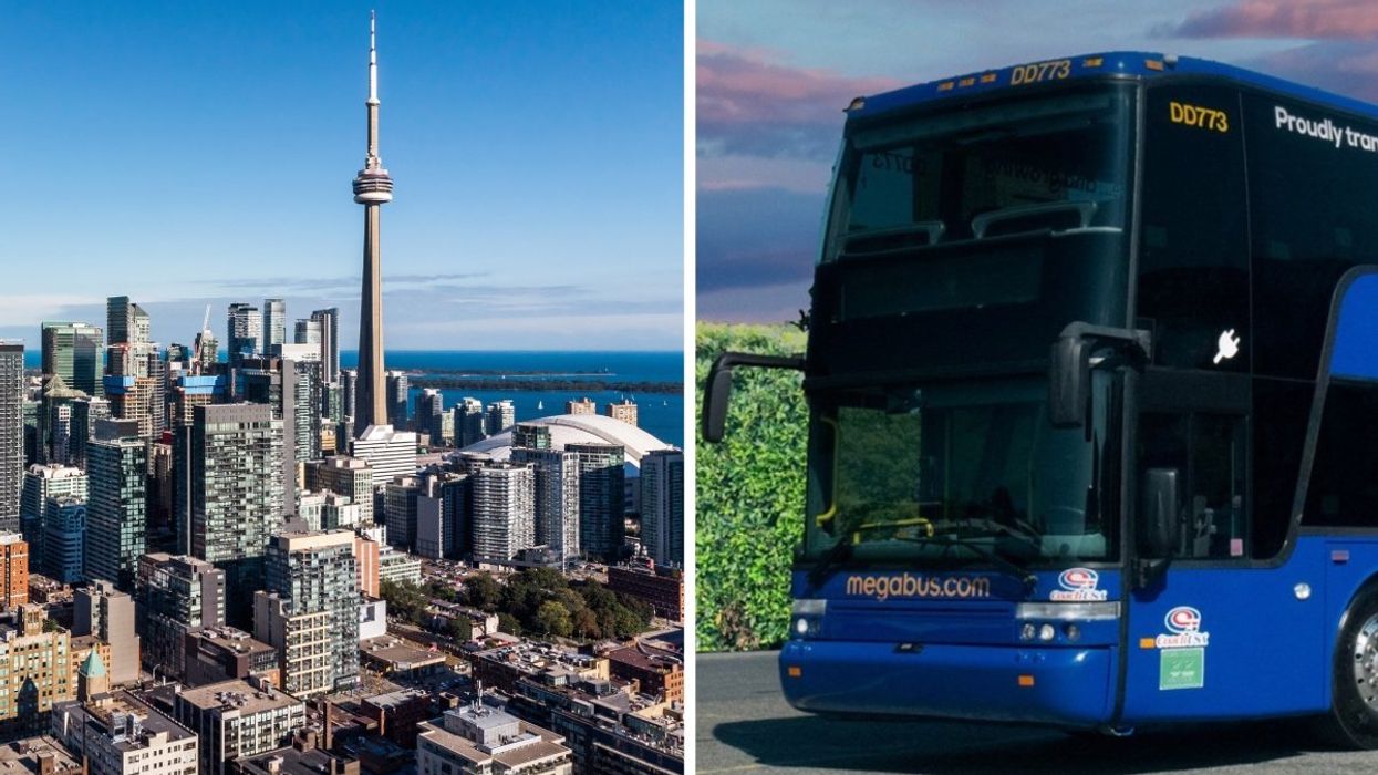 The Toronto skyline during the summertime. Right: A Megabus.