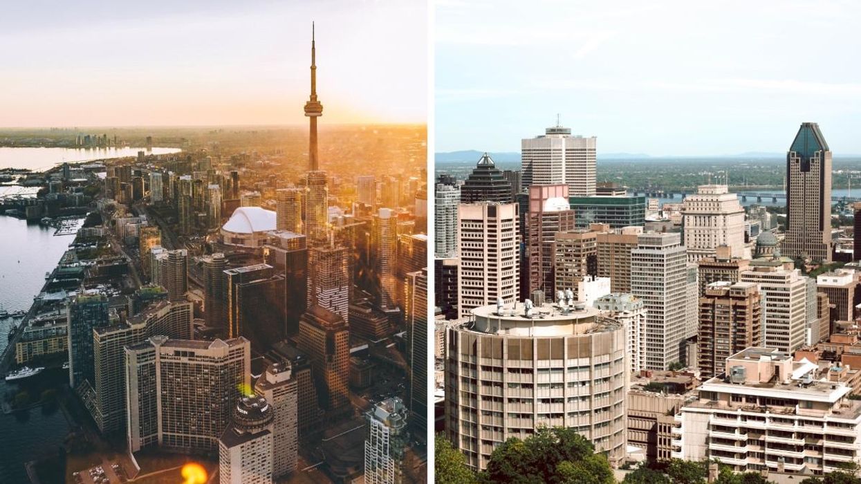 The Toronto skyline, Right: The Montreal skyline.