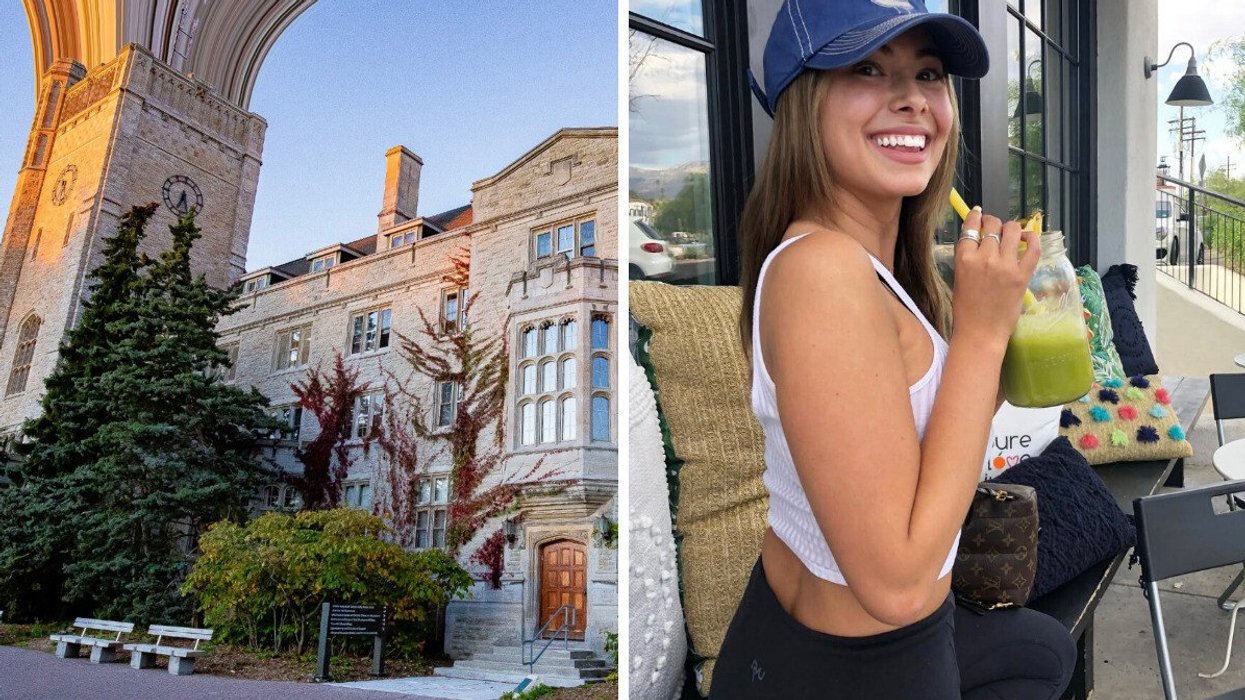 The University of Guelph during golden hour. Right: A woman smiles while wearing a branded cap.