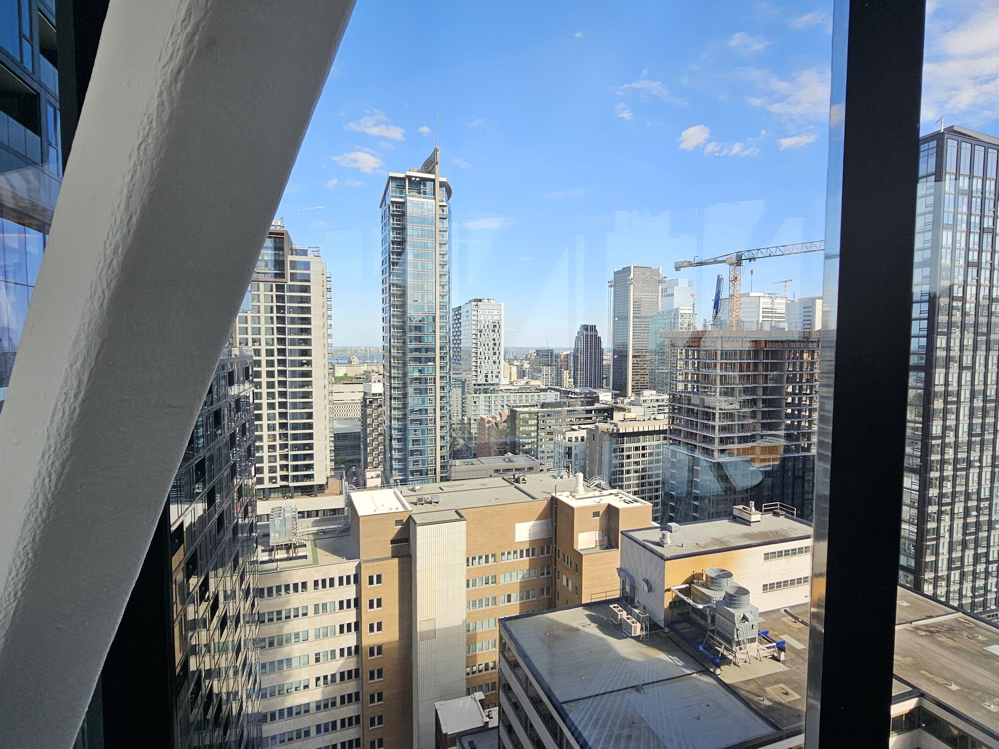 The view of downtown Montreal from the skybridge, facing south.