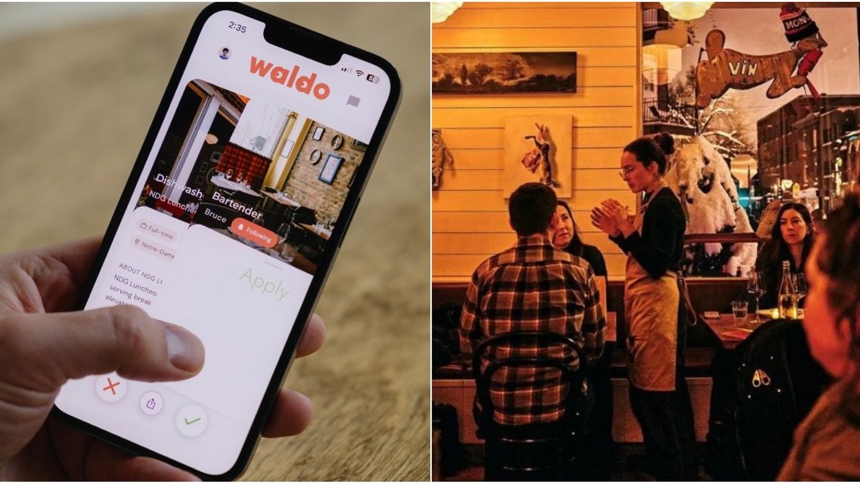 The Waldo app. Right: Diners at Vin Mon Lapin in Montreal.
